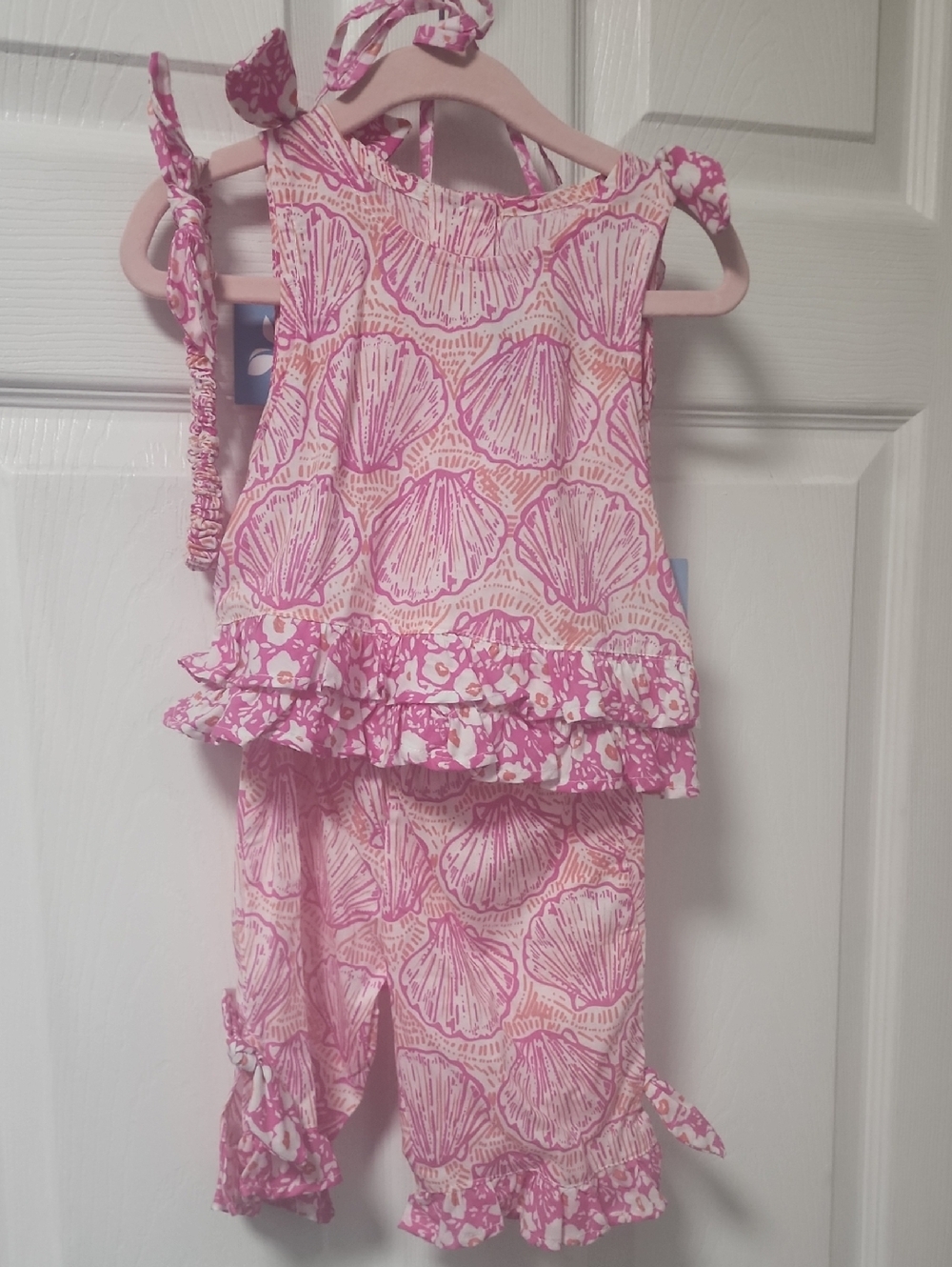 Blue Ginger Shelly Pink Shell-Print Ruffle Set With Hat 6 Months NWT